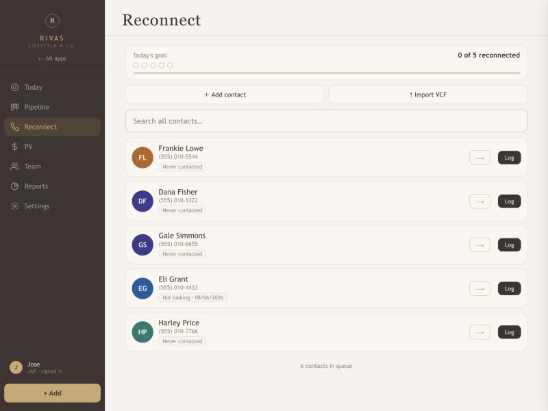 The Reconnect page with a goal bar, Add contact and Import VCF buttons, search, and five contact cards