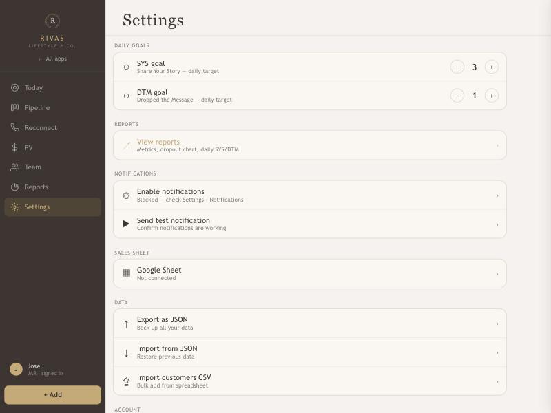 The Settings page with daily goals, notifications and data backup options