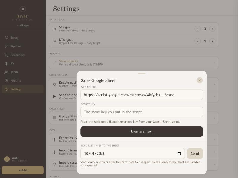The Sales Google Sheet dialog with Web app URL, Secret key, Save and test, and Send past sales to the sheet