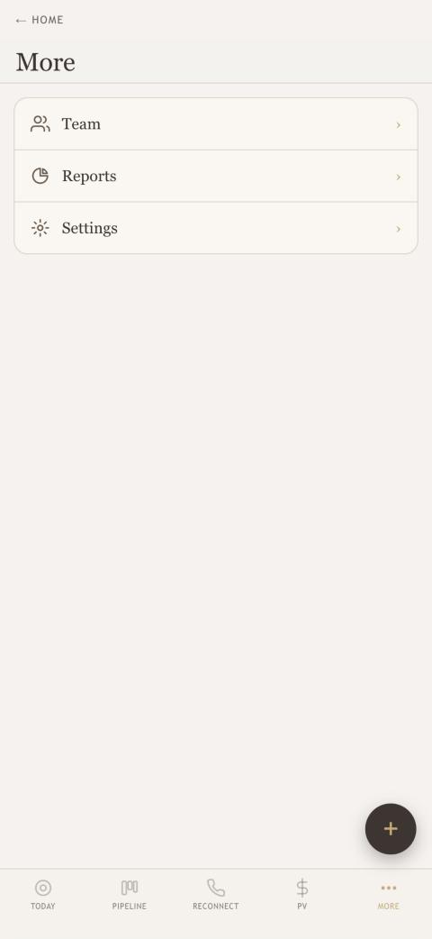 The More page on a phone listing Team, Reports and Settings, with the five-tab bar below