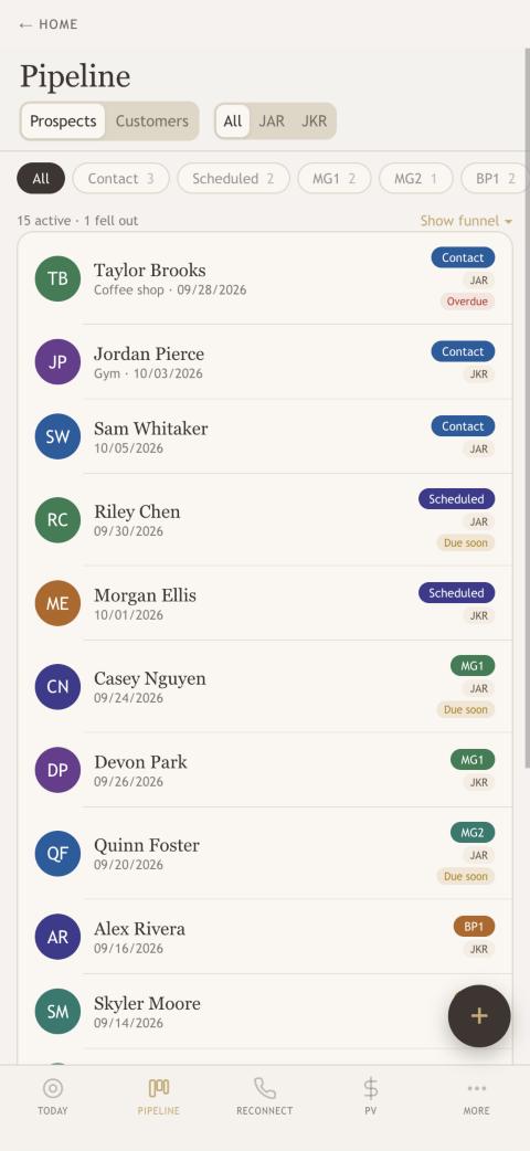 The Pipeline list on a phone with stage chips