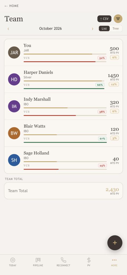 The Team page on a phone as a list of cards