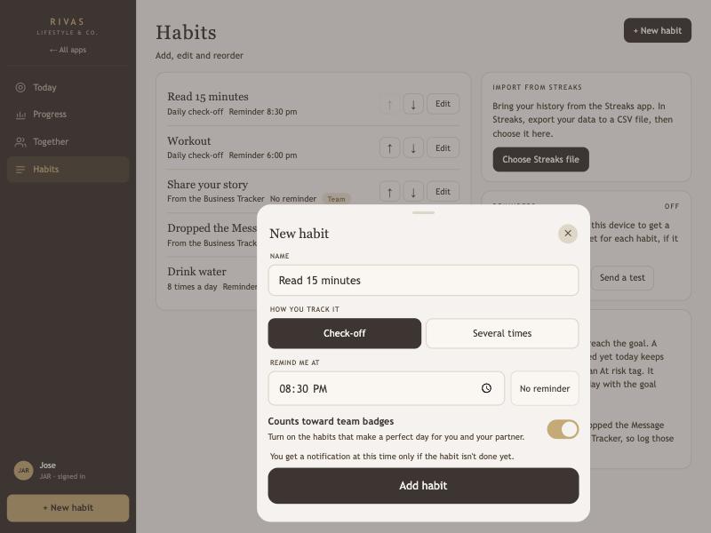The New habit form with a name, a check-off or several times choice, a reminder time and the team badges switch