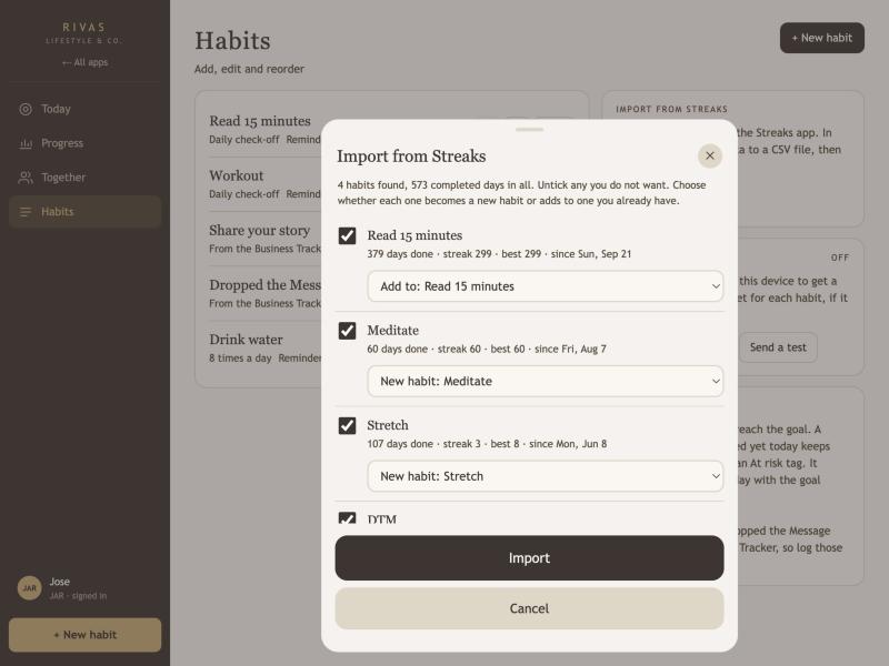 The Import from Streaks list showing each habit with its days done, current streak and best, and a menu to choose new or existing