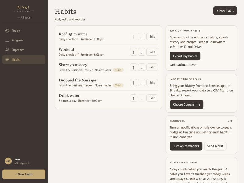 The Habits page listing each habit with reorder arrows and an Edit button, and a Reminders card