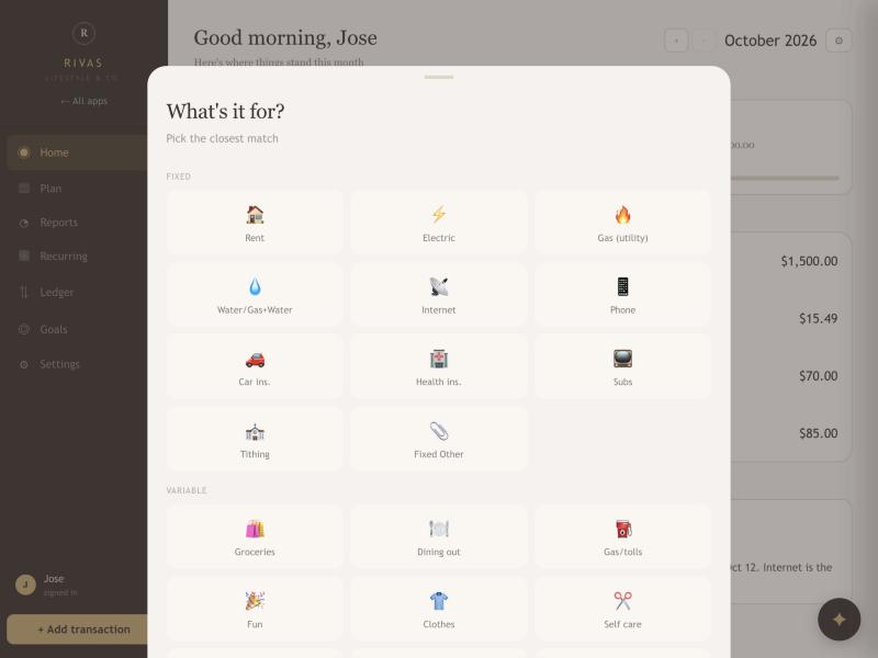 The category picker showing Fixed and Variable tiles