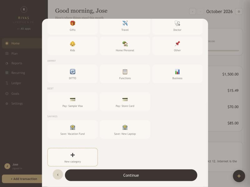 The bottom of the category list with a dashed New category tile