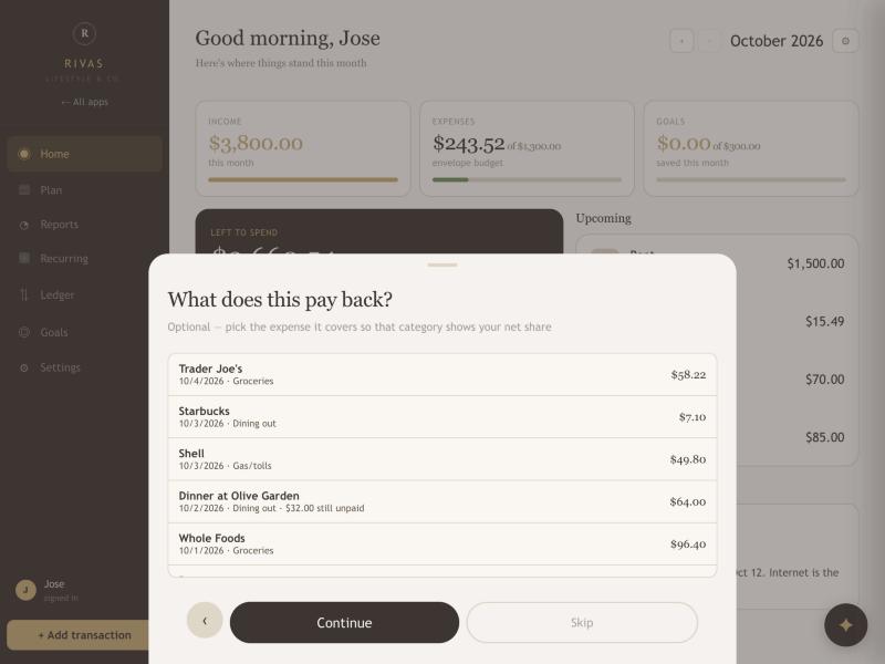 The What does this pay back step listing recent expenses