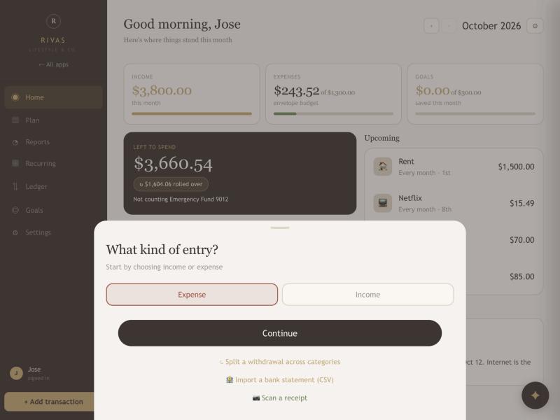 The first step of adding an entry: Expense or Income, with links underneath