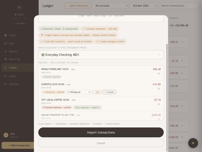 The bottom of the import preview with a count summary and the Import transactions button