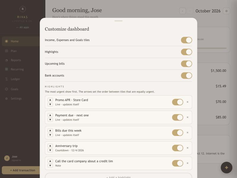 The Customize dashboard sheet with section switches and a list of highlight tiles