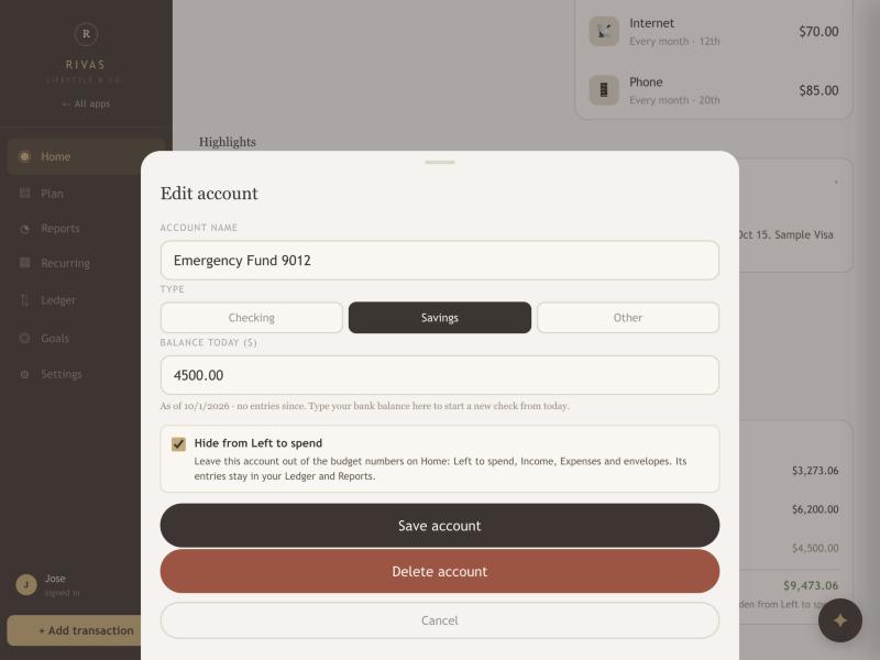 The Edit account panel with the Hide from Left to spend switch turned on