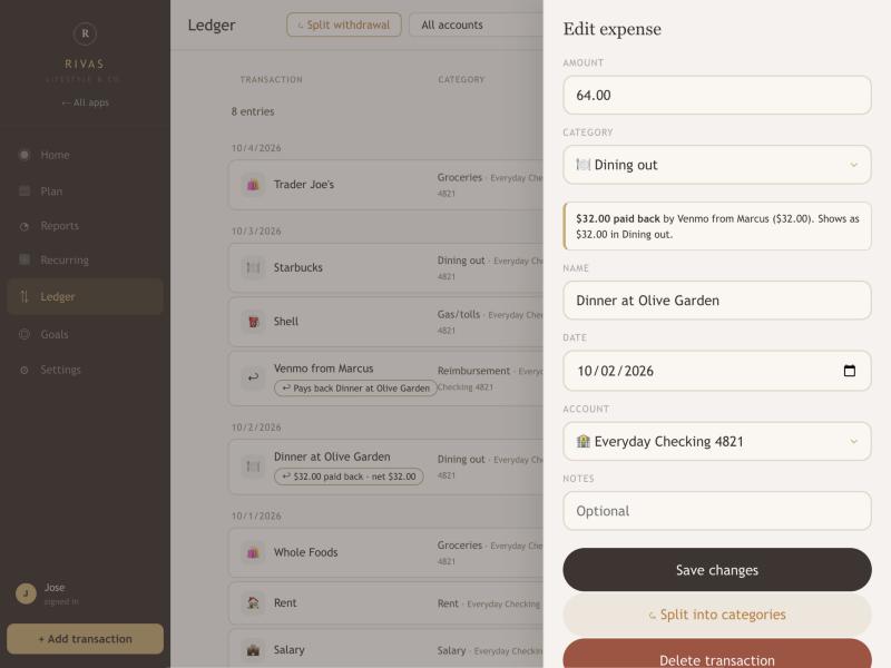 The Edit expense panel
