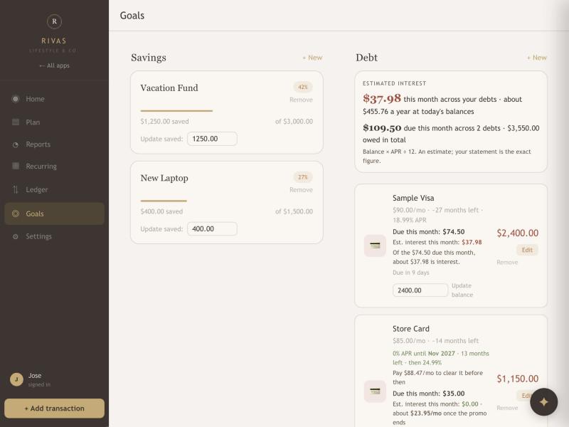 The Goals page with savings goals on the left and debts on the right including an estimated interest card