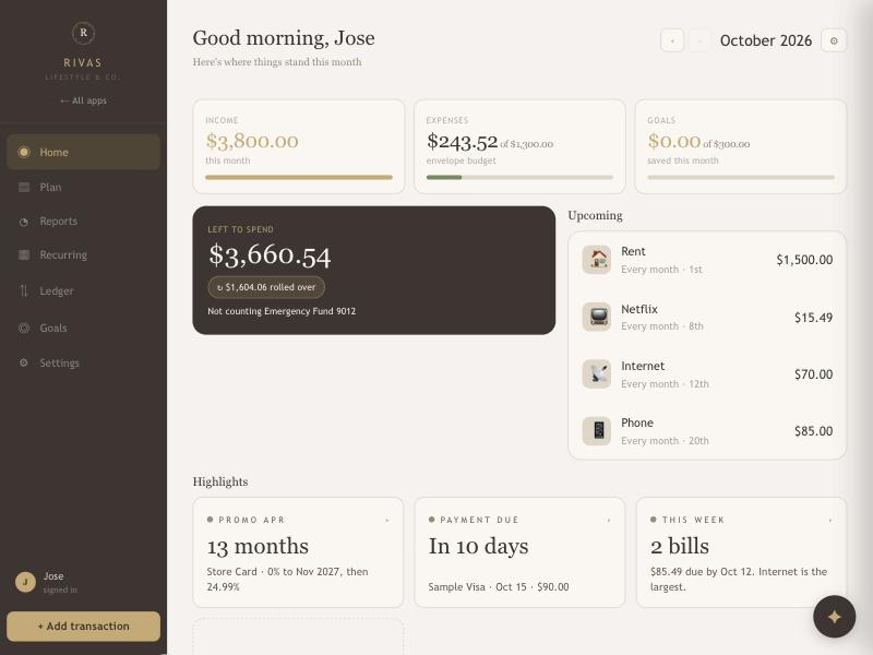 The Home screen showing income, expenses and goals tiles, the Left to spend card, upcoming bills and highlight tiles