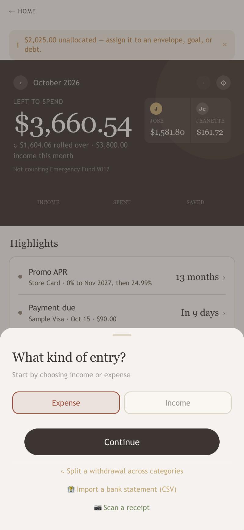 The add entry sheet on a phone