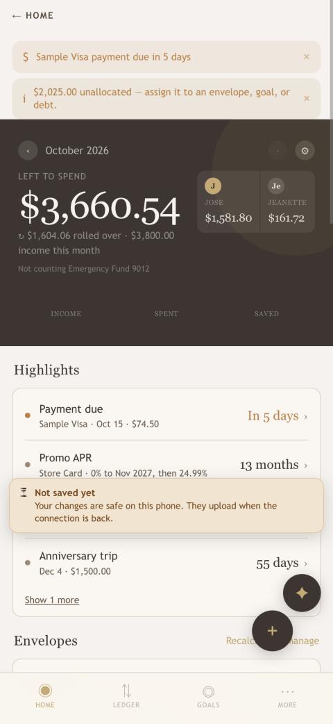 Home on a phone with an amber Not saved yet bar above the buttons