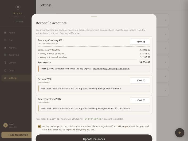 The Reconcile accounts panel with an expected balance calculation and a Short by 25 dollars message