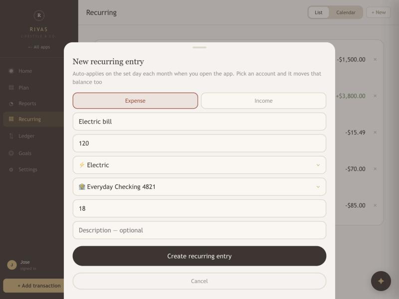 The New recurring entry panel with an account chosen
