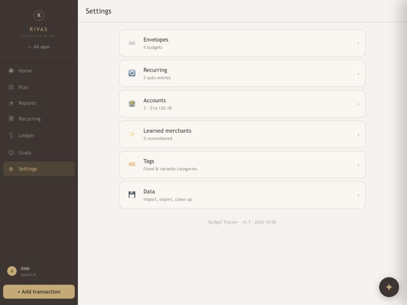 The Settings menu listing Envelopes, Recurring, Accounts, Learned merchants, Tags and Data