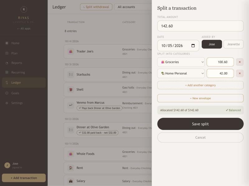 The Split a transaction panel with two categories and a Balanced indicator