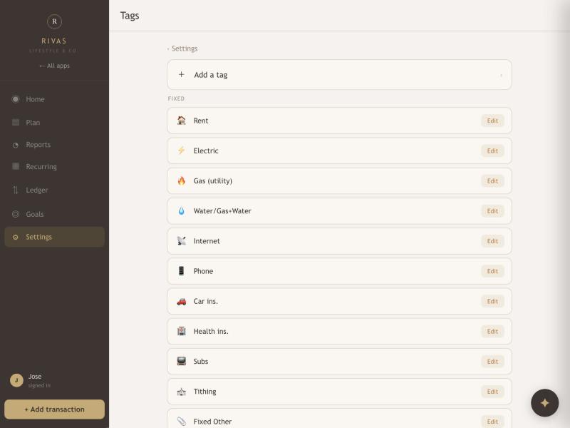 The Tags page listing Fixed categories with Edit buttons